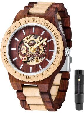 Men's Red And Beige Analog No Battery Fashion Mechanical Movement Wooden Watch